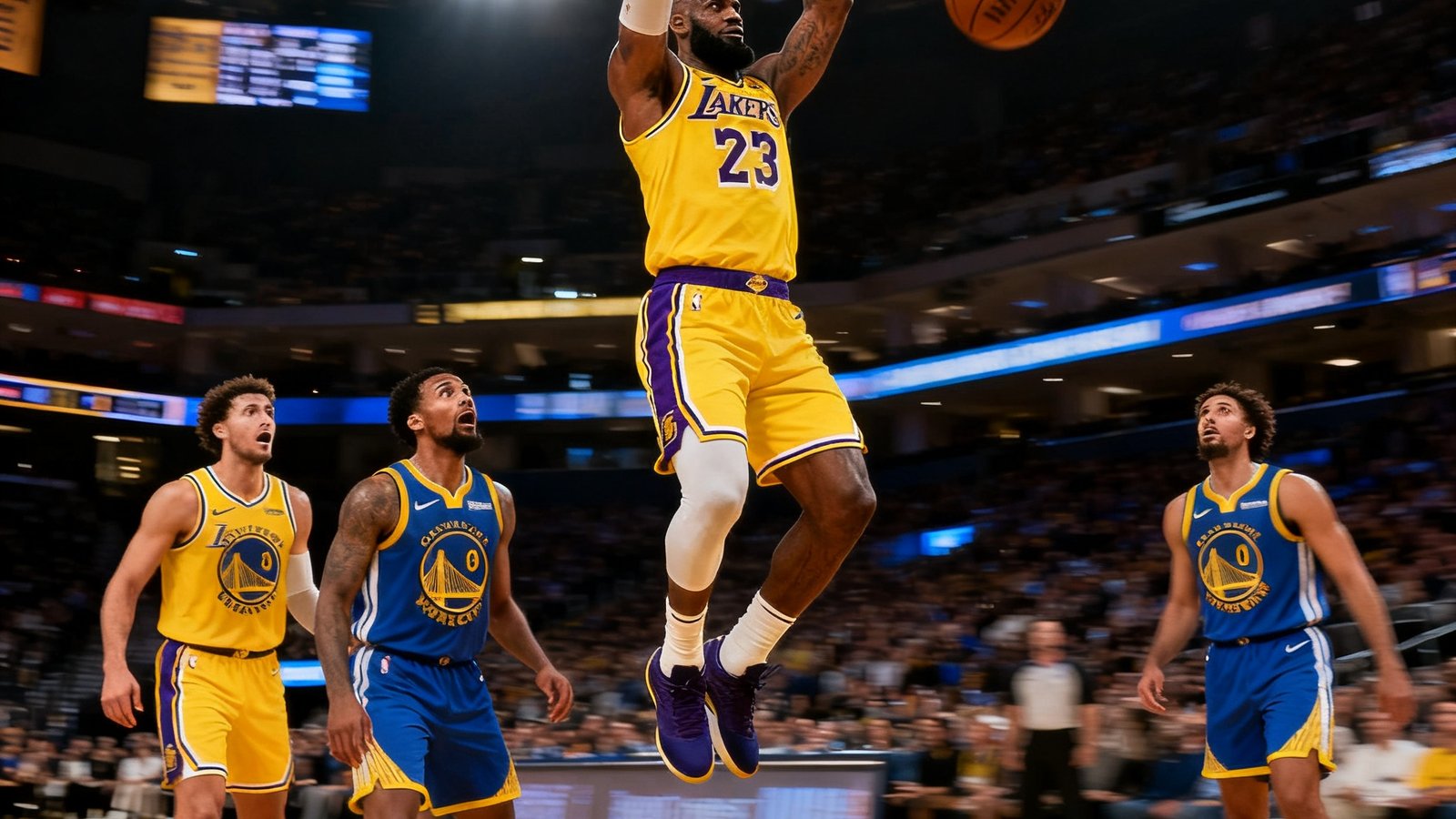 NBA湖人队詹姆斯在对阵勇士比赛中完成隔扣的精彩瞬间，篮筐附近球员表情惊愕，球馆灯光聚焦在空中的詹姆斯身上